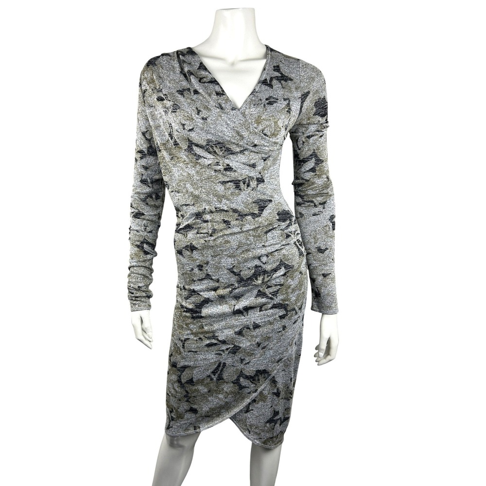 Wilfred Free Dress Womens Small Gray Abstract Faux Wrap Ruched Bodycon Midi